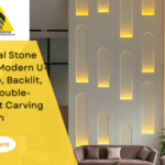 Natural Stone Wall: Modern U-Shape, Backlit, and Double-Height Carving Design